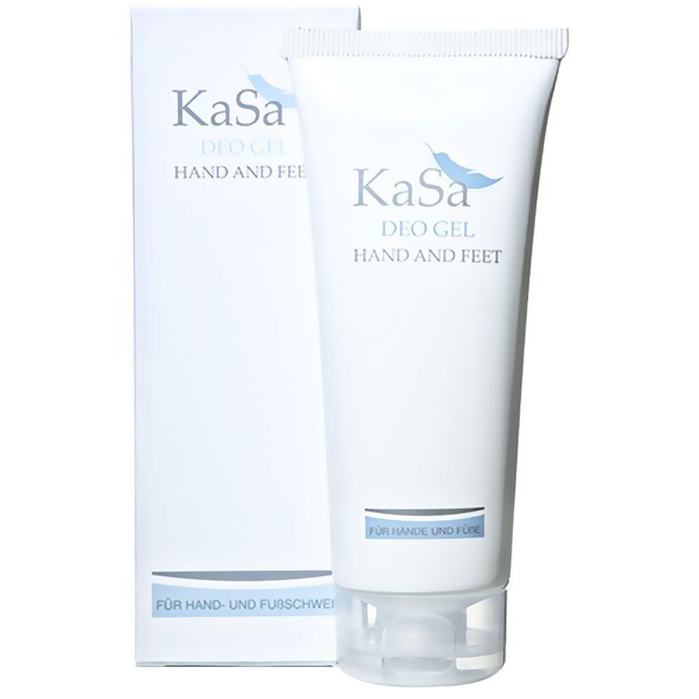 Witte tube met KaSa Deo Gel voor handen en voeten. Opschrift en logo in blauw. Met kartonnen verpakking.