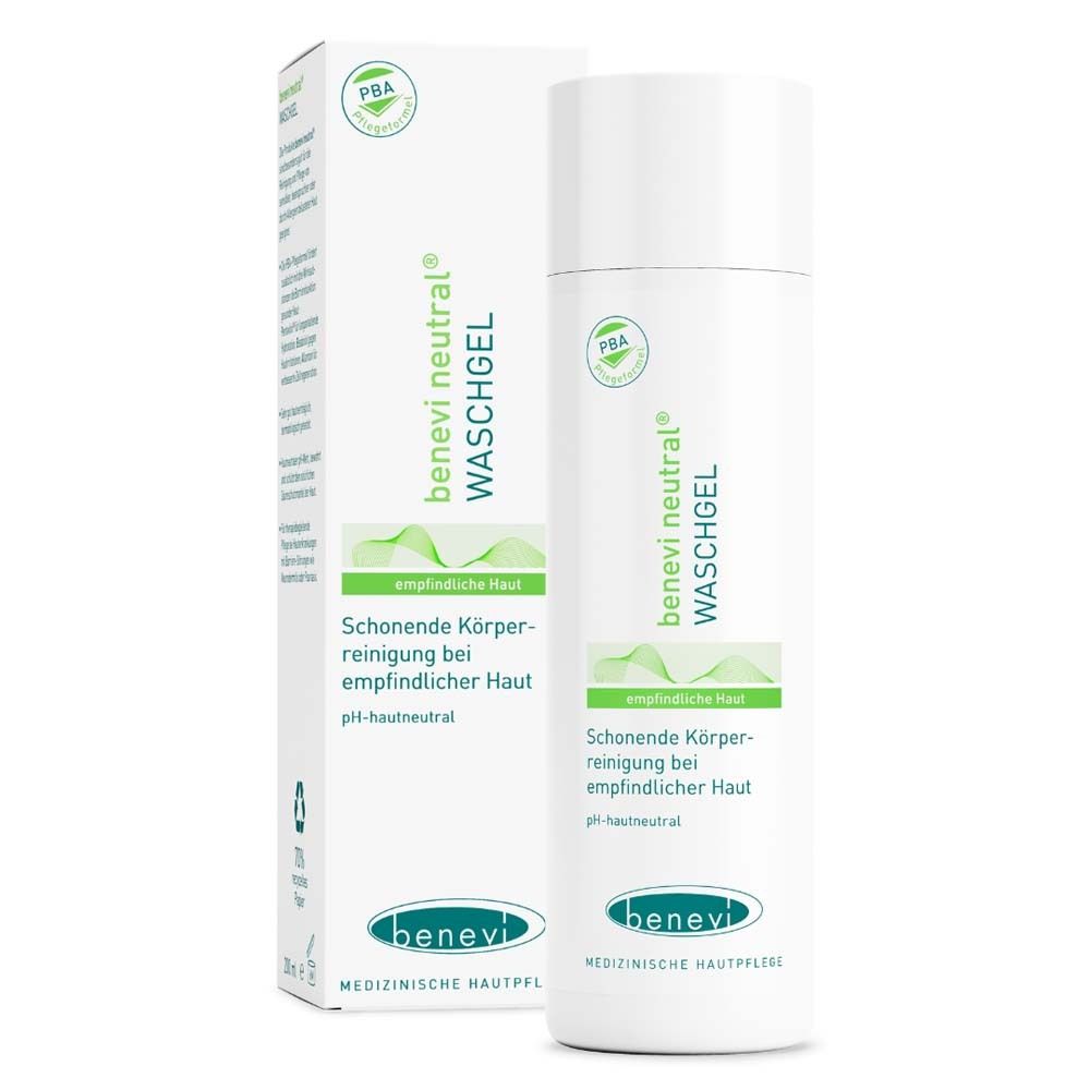 Fles en doos Benevi neutral wasgel. Voor gevoelige huid, pH-huidneutraal.