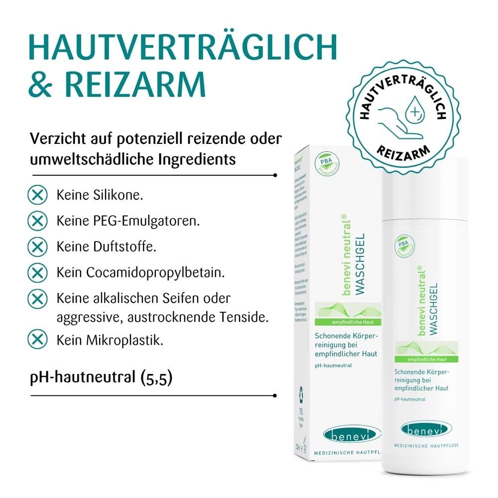 benevi neutral Wasgel fles en doos. Huidvriendelijk & mild, pH-huidneutraal (5.5). Vrij van siliconen, PEG, geurstoffen, microplastics.