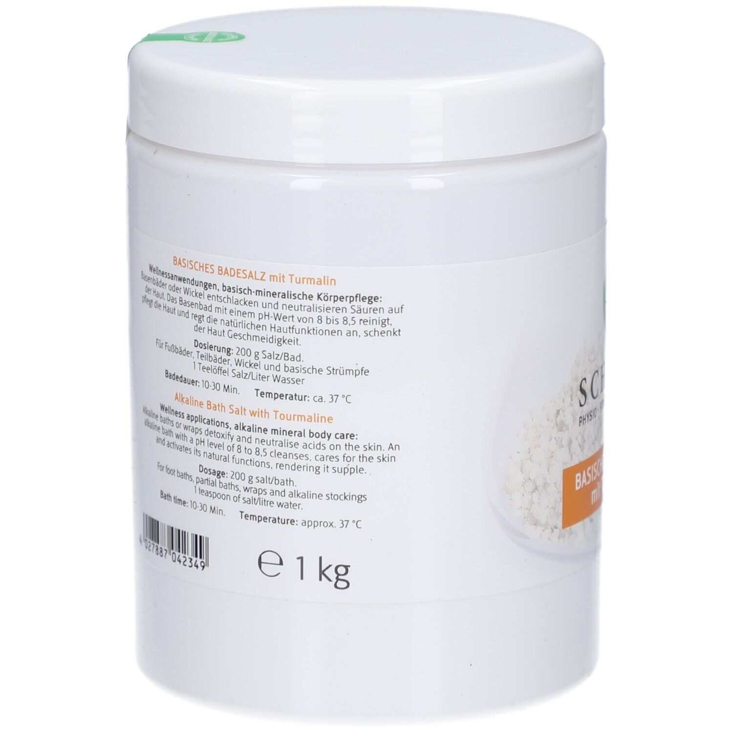 Achterkant van een pot van 1 kg Basisch Badzout met Toermalijn van SCHUPP.