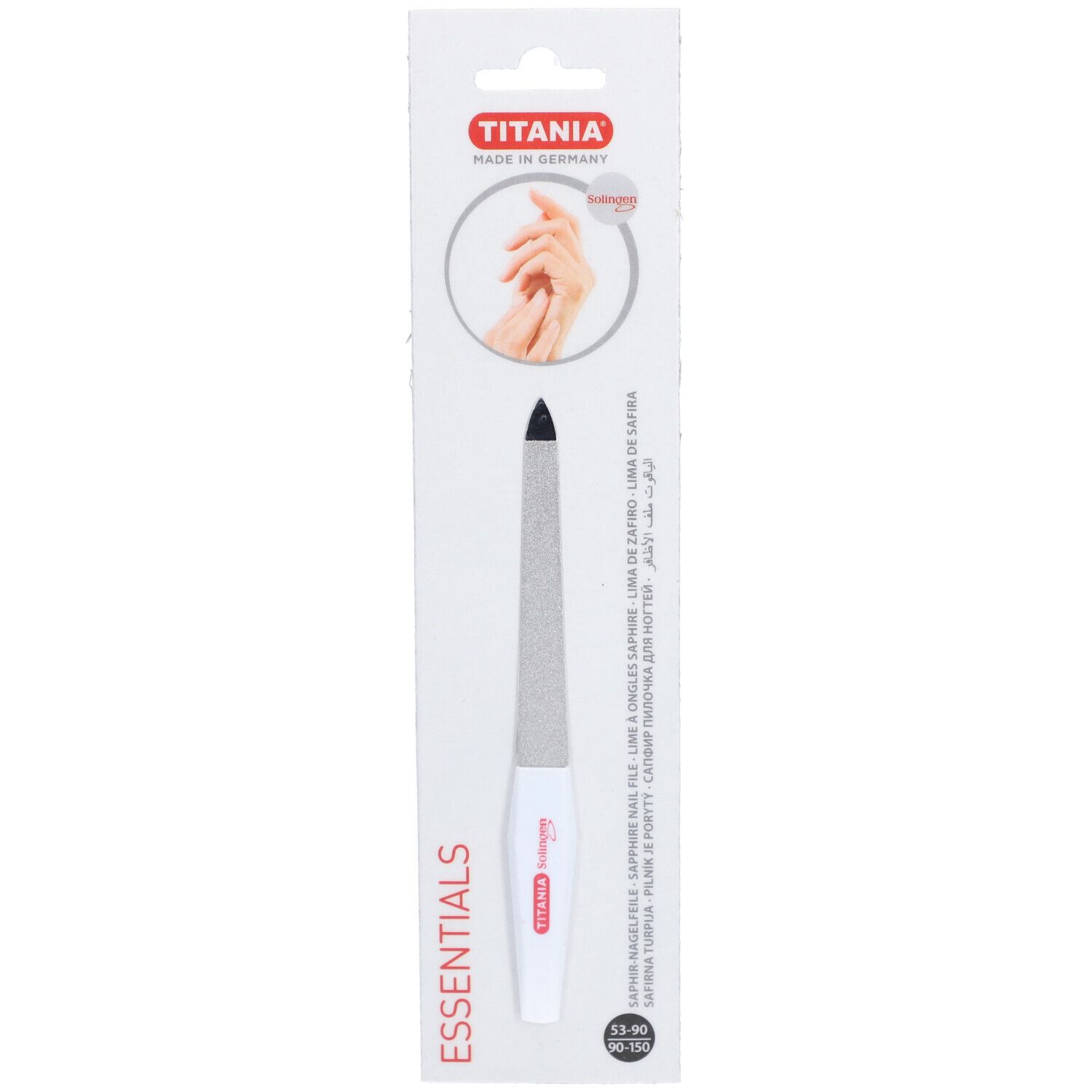 Lime à ongles TITANIA® 15 cm dans son emballage. Manche blanc, surface de limage argentée, pointe noire. Série Essentials.
