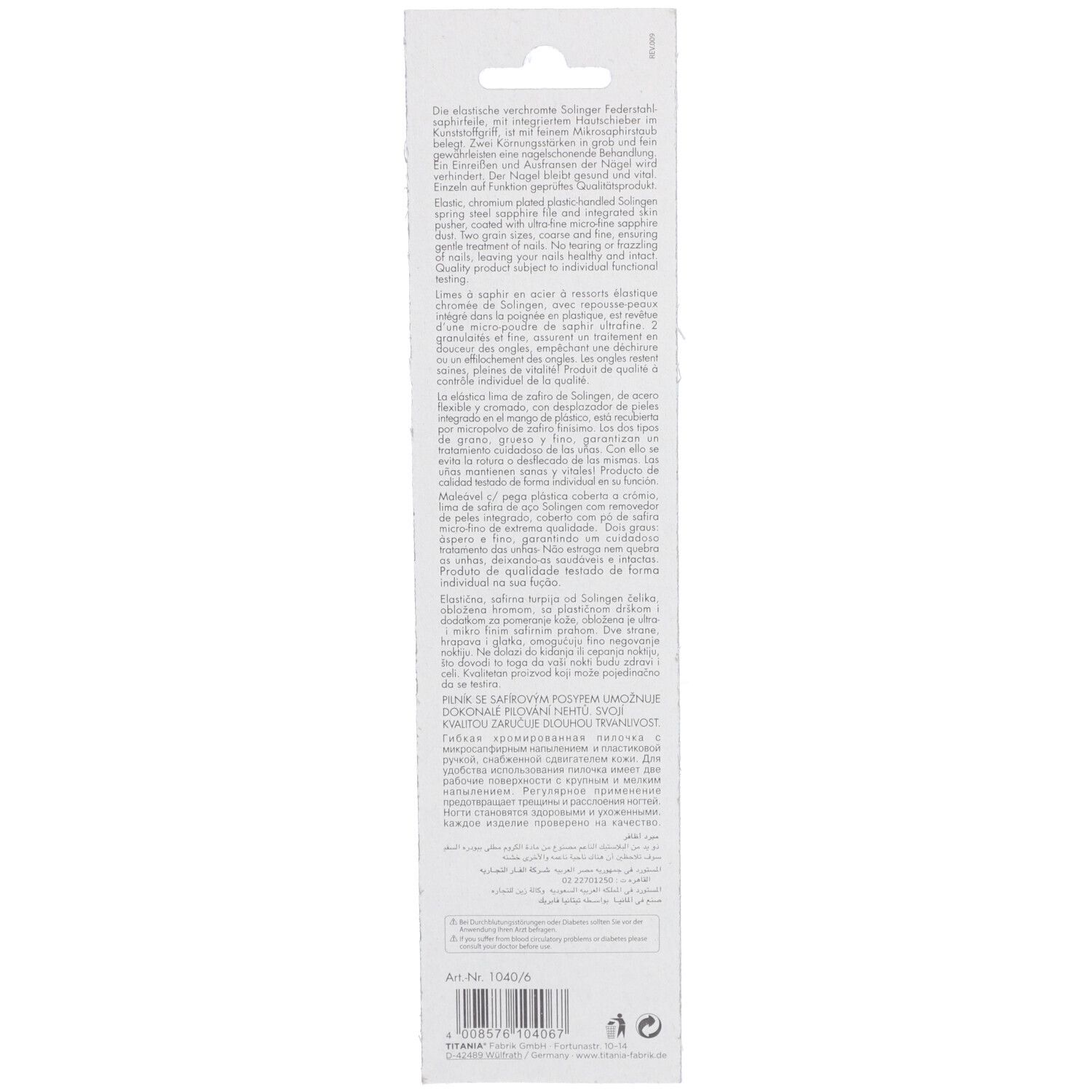 Achterkant van de verpakking van de TITANIA® nagelvijl met meertalige productinformatie en barcode.