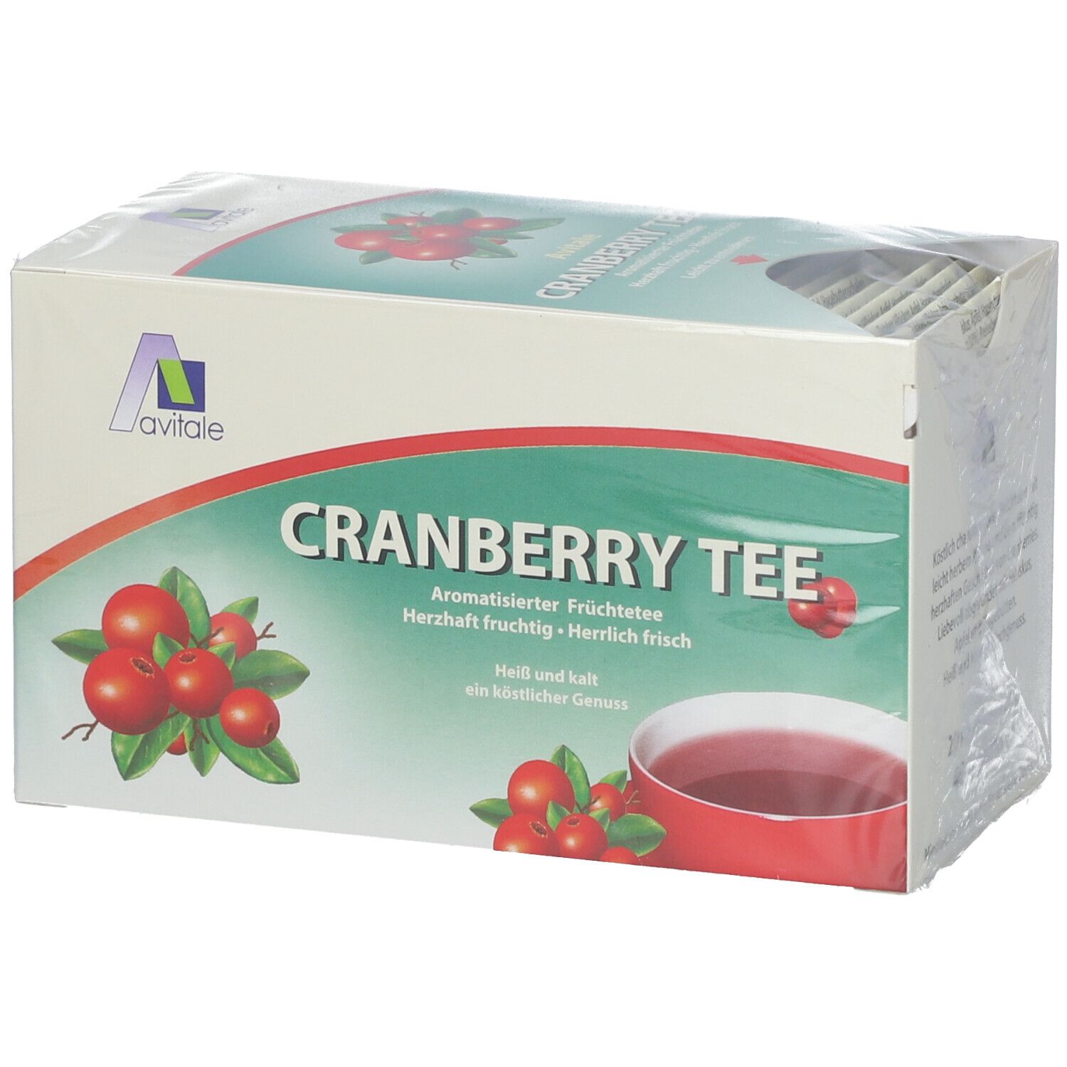Boîte de sachets de thé Avitale Cranberry. Design vert et blanc avec illustrations de canneberges et nom du produit.