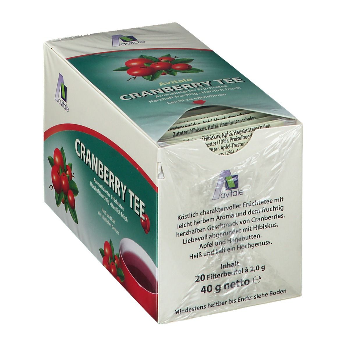 Dos de la boîte de sachets de thé Avitale Cranberry. Liste des ingrédients, instructions de préparation et avertissements.