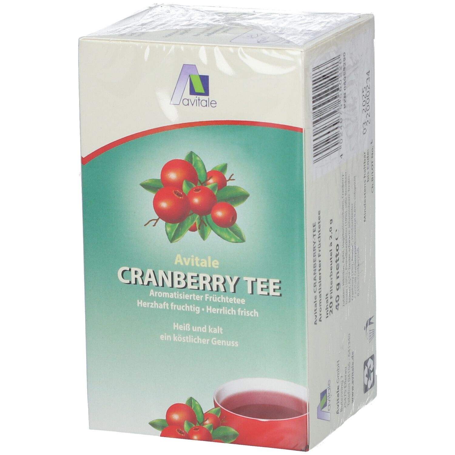Boîte de sachets de thé Avitale Cranberry. Design vert et blanc avec illustrations de canneberges et nom du produit.