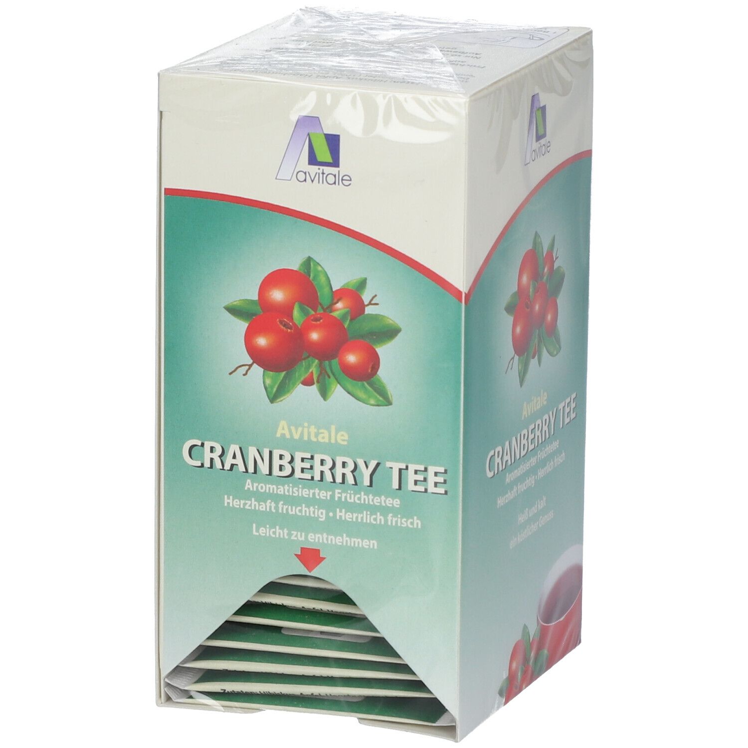 Dos de la boîte de sachets de thé Avitale Cranberry. Liste des ingrédients, instructions de préparation et avertissements.