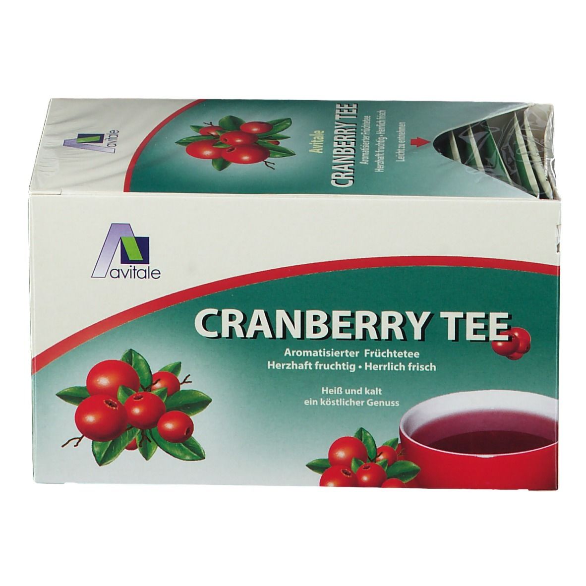 Boîte de sachets de thé Avitale Cranberry. Design vert et blanc avec illustrations de canneberges et nom du produit.