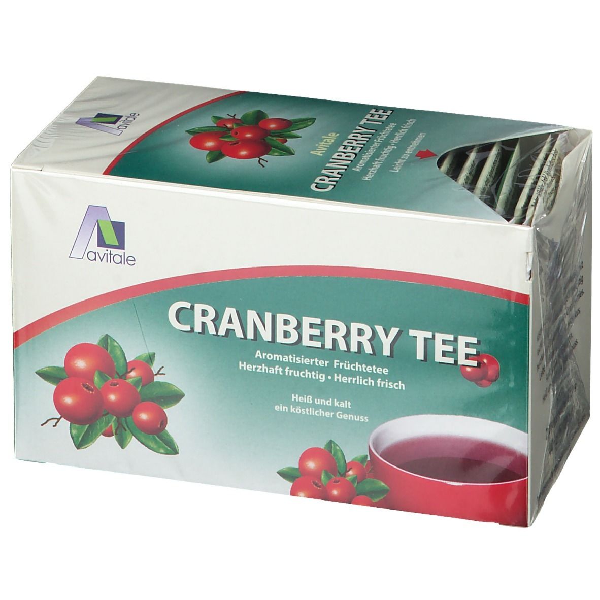 Boîte de sachets de thé Avitale Cranberry. Design vert et blanc avec illustrations de canneberges et nom du produit.