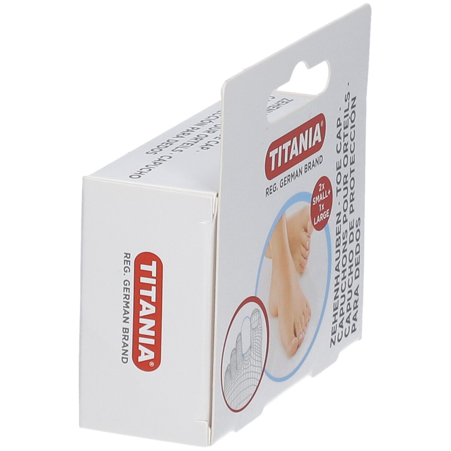 TITANIA Zehenhauben verpakking, wit kartonnen ontwerp. Bevat 2x Small en 1x Large. Productnaam en logo duidelijk zichtbaar.