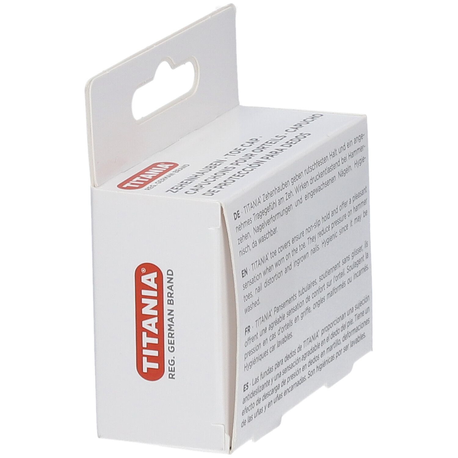Zijaanzicht van de TITANIA Zehenhauben verpakking. Productnaam en logo duidelijk zichtbaar. Wit kartonnen ontwerp.