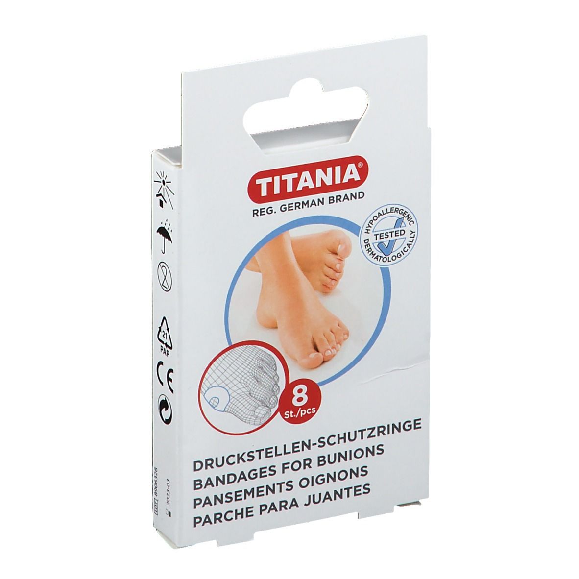 Verpakking met 8 TITANIA drukpleisterringen, latexbasis, hypoallergeen getest.