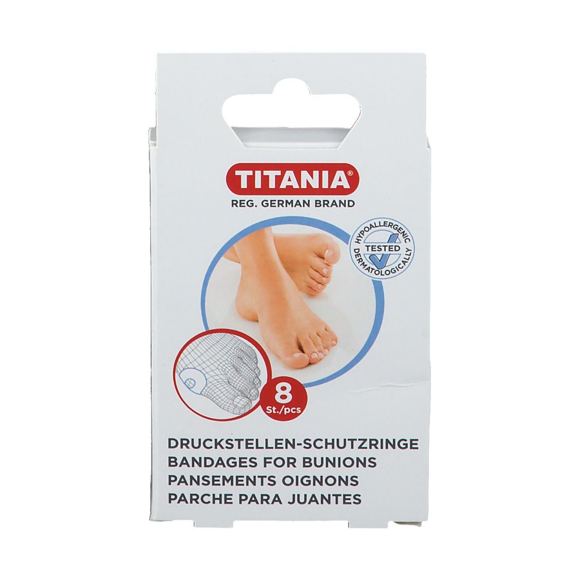 Verpakking met 8 TITANIA drukpleisterringen, latexbasis, hypoallergeen getest.