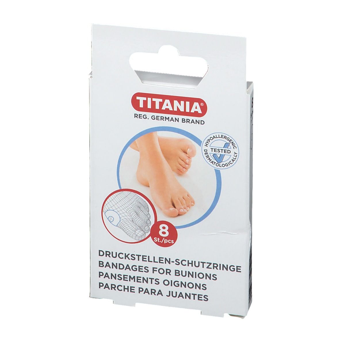 Verpakking met 8 TITANIA drukpleisterringen, latexbasis, hypoallergeen getest.