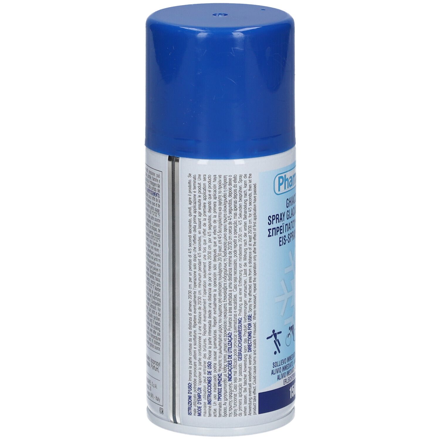 Dos de la bombe aérosol. Texte multilingue. Bouchon bleu. Fond blanc.