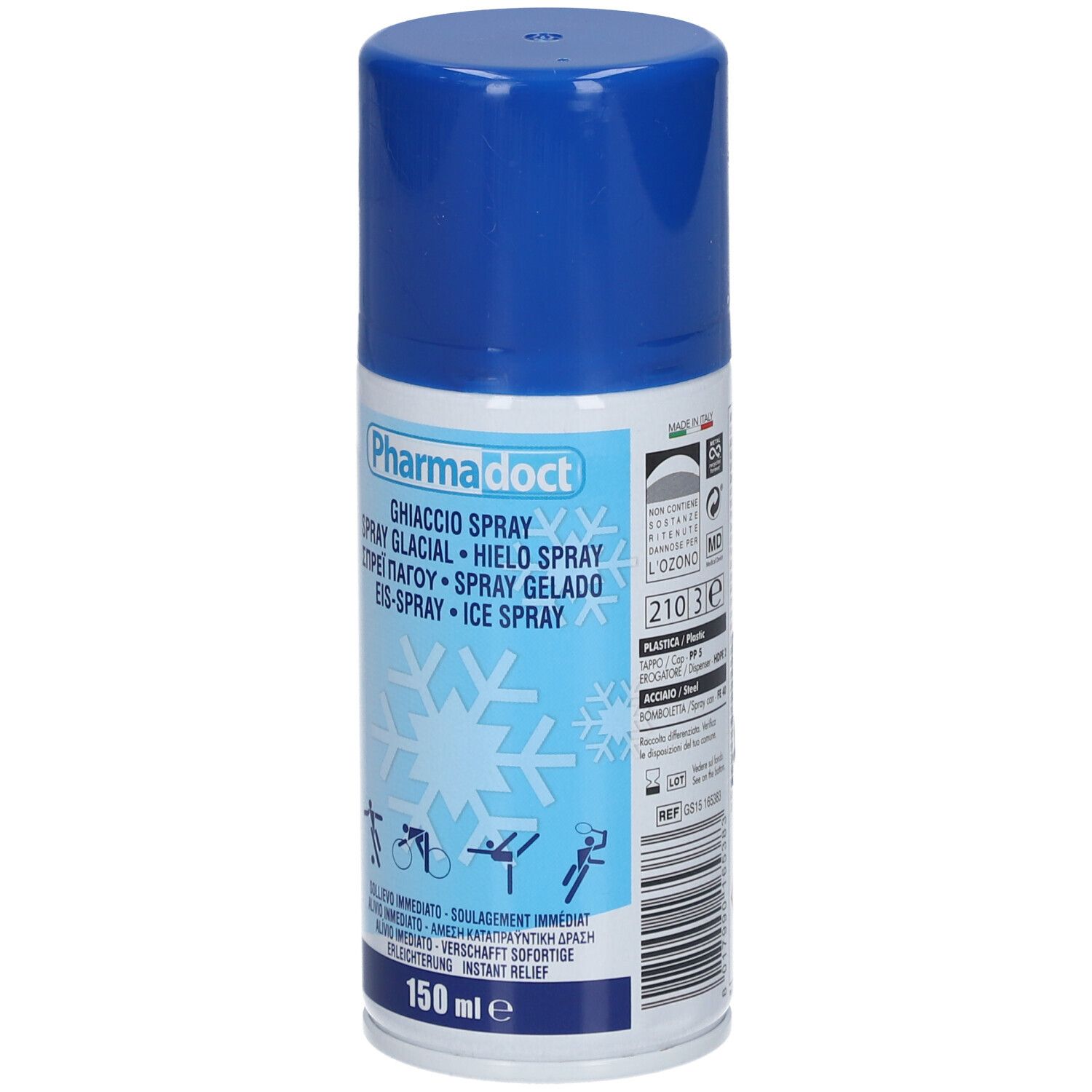 Bombe aérosol avec bouchon bleu. Inscription: Pharmadoct, Ghiaccio Spray, Eis-Spray. 150 ml.