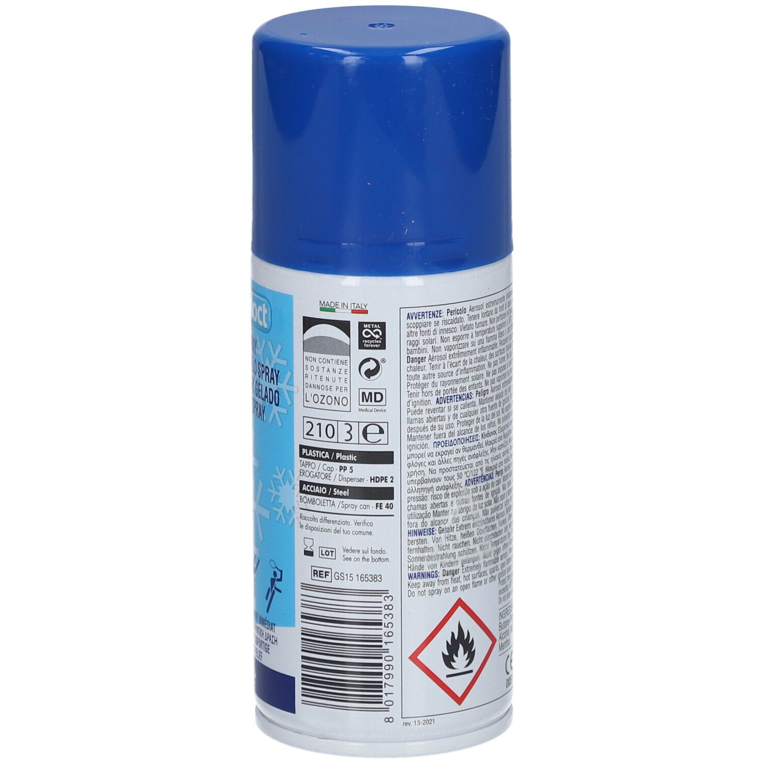 Dos de la bombe aérosol. Texte, logos et avertissement. Bouchon bleu.