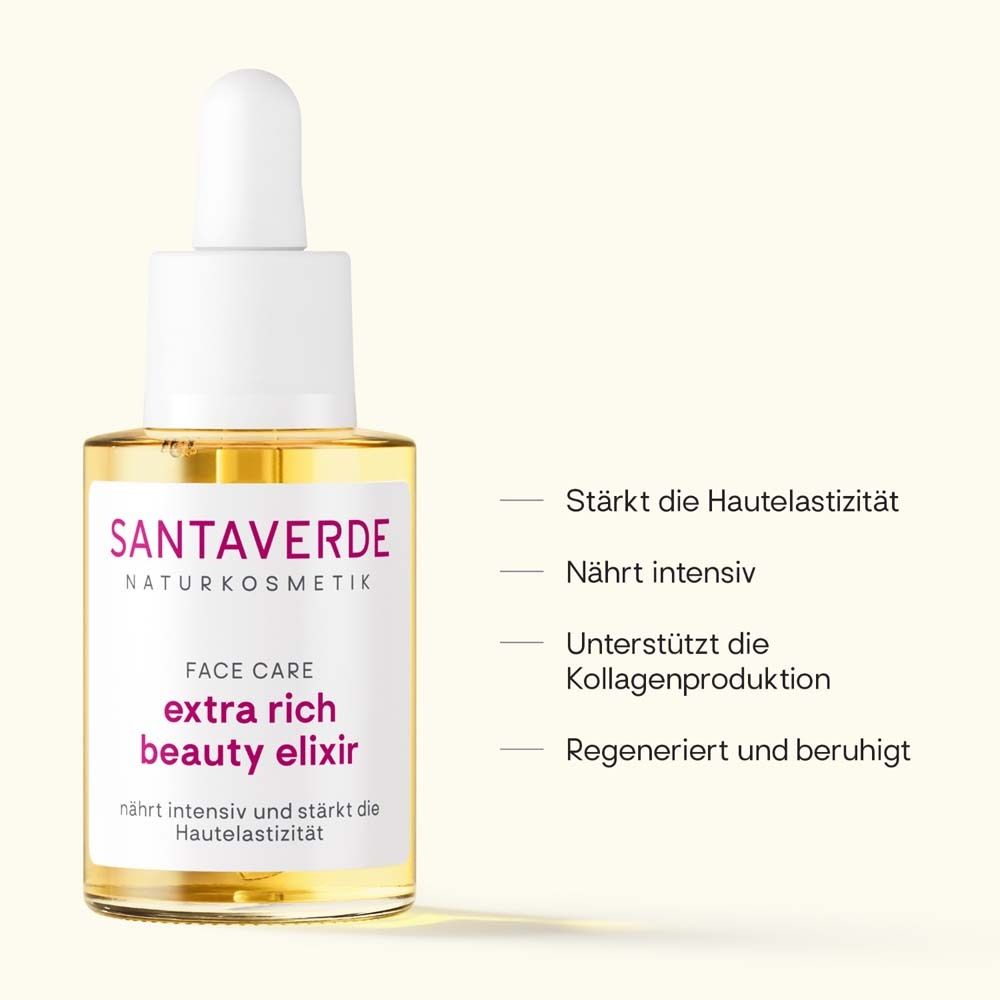 Glazen fles met pipet. Productnaam en merk op etiket. Gele vloeistof. Tekst: versterkt de elasticiteit van de huid.
