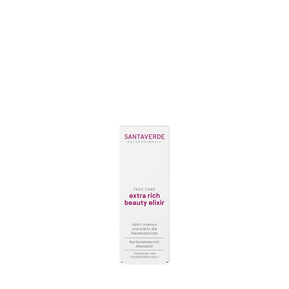 Productverpakking. Witte doos met productnaam en merk. Tekst: extra rich beauty elixir.