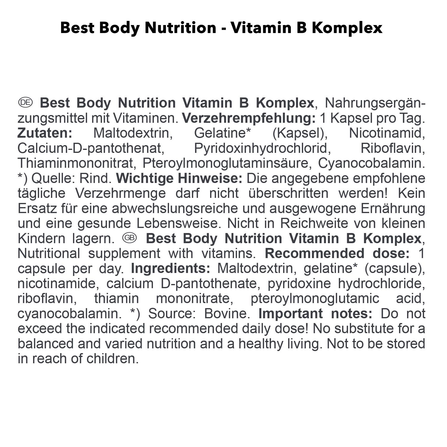 Texte sur fond blanc. Titre: Best Body Nutrition - Vitamin B Komplex. Ingrédients et recommandation de consommation.