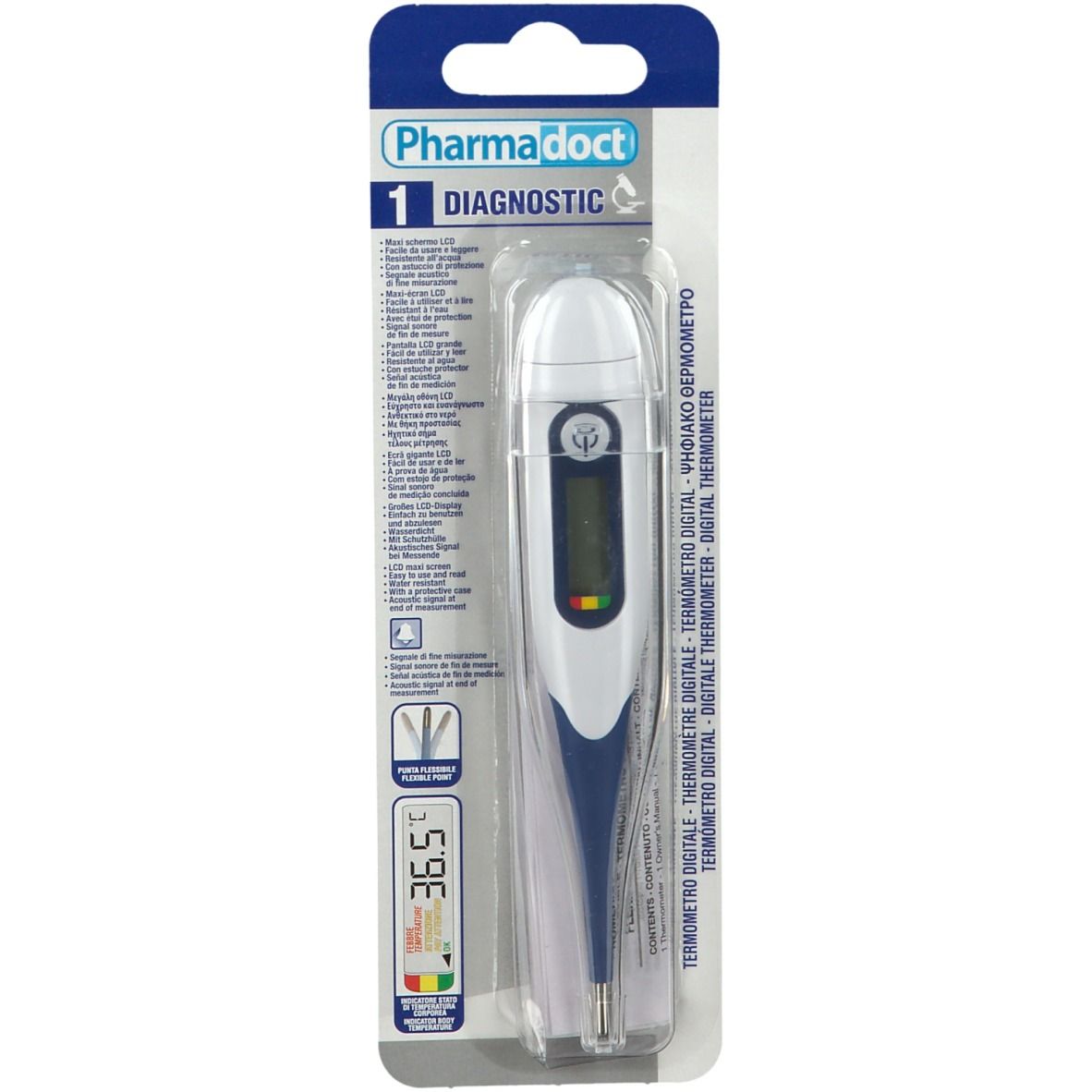 Dig. thermometer met flexibele punt in blisterverpakking. Merk: Pharmadoct. Temperatuurweergave: 36,5°C. Verpakking met info en logo.