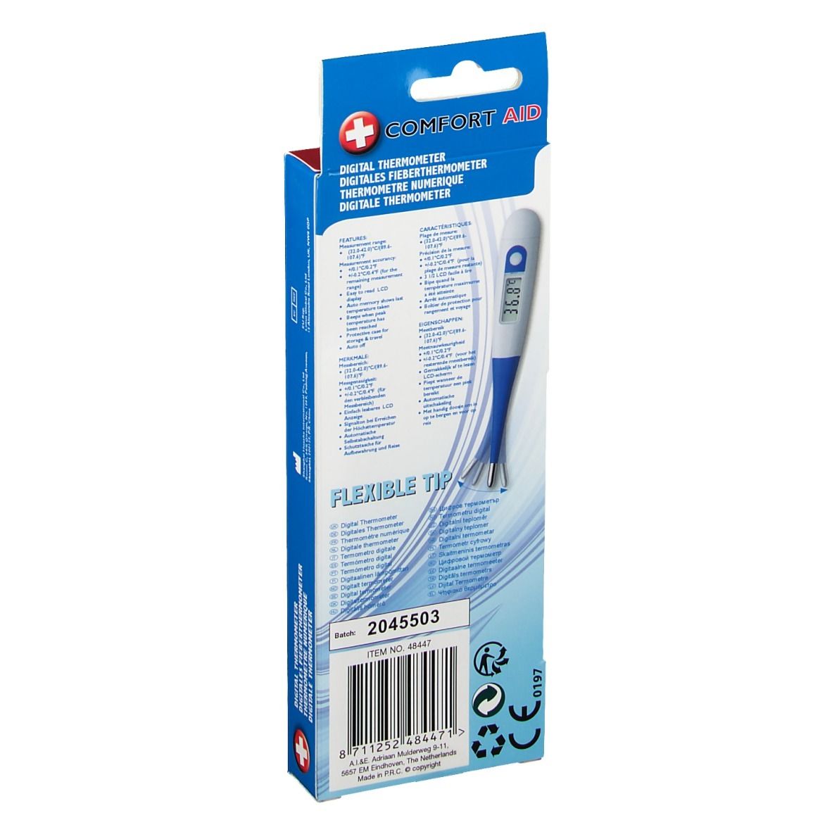 Verpakking van een digitale thermometer. Merk: Comfort Aid. Flexibele punt. Barcode en informatie op de achterkant.