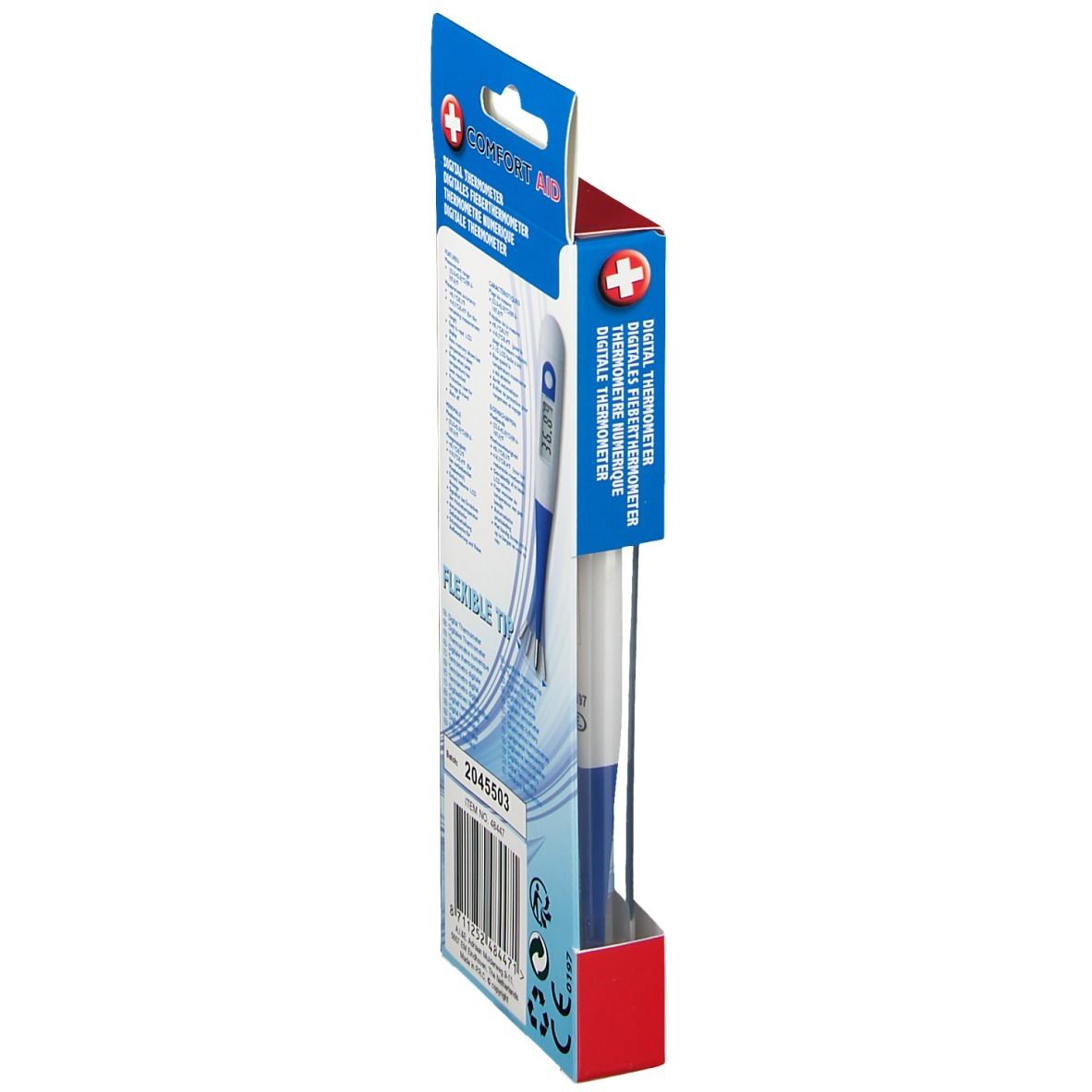 Zijaanzicht van de thermometerverpakking. Merk: Comfort Aid. Digitale thermometer met flexibele punt. Tekst en barcode.
