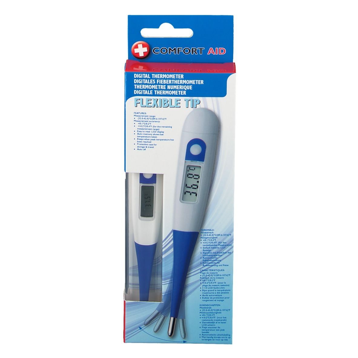 Digitale thermometer in verpakking. Merk: Comfort Aid. Flexibele punt. Weergave: 36,89°C. Productafbeelding op de verpakking.
