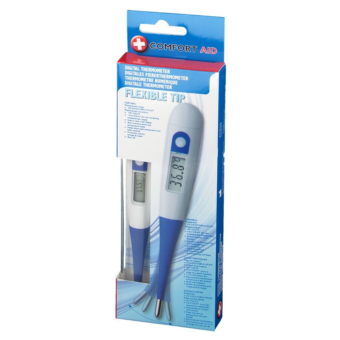 Digitale thermometer in verpakking. Merk: Comfort Aid. Flexibele punt. Weergave: 37,5°C. Productafbeelding op de verpakking.