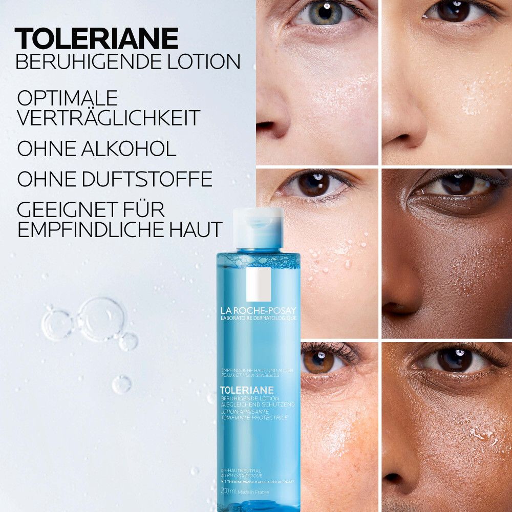 Gedeelten van gezichtshuid. La Roche-Posay Toleriane kalmerende lotion. Tekst: Optimale verdraagzaamheid, zonder alcohol, zonder parfum.