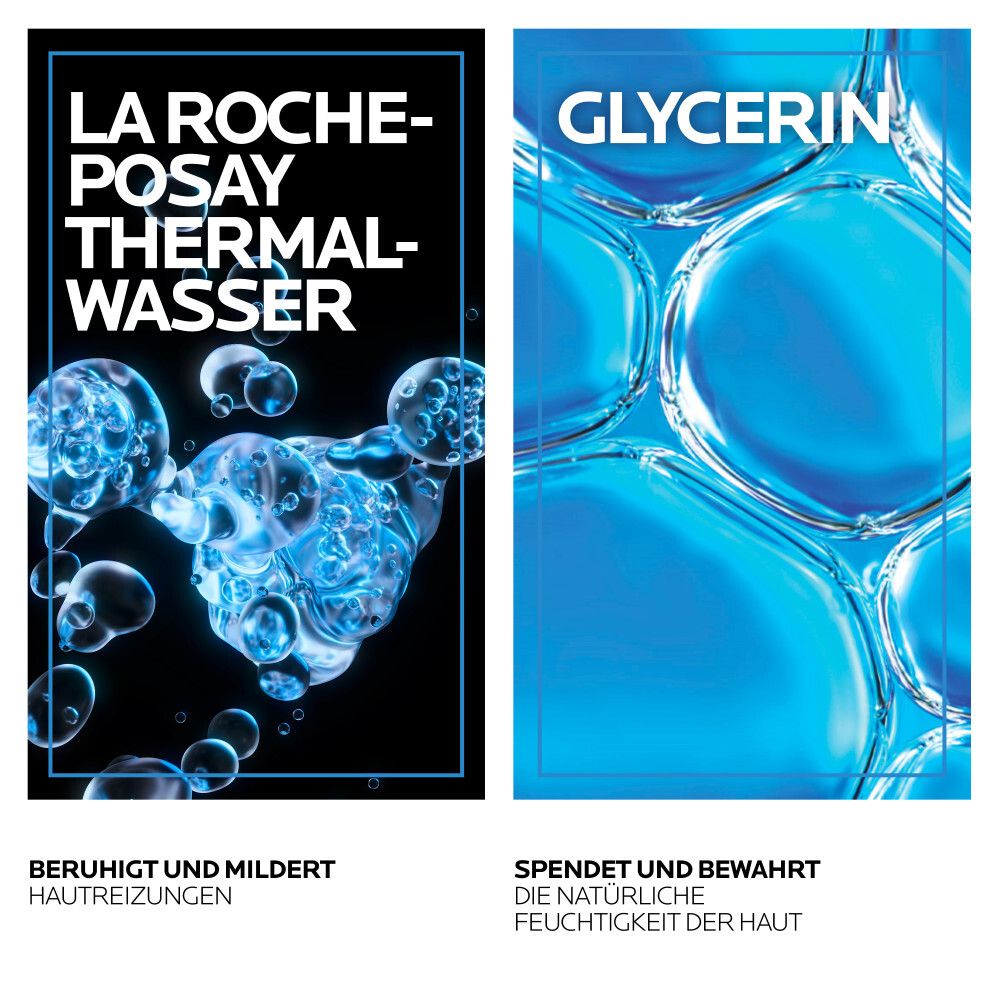 Twee reclameborden. La Roche-Posay Thermaal water en Glycerine. Tekst: Kalmeert en verzacht, hydrateert en behoudt vocht.
