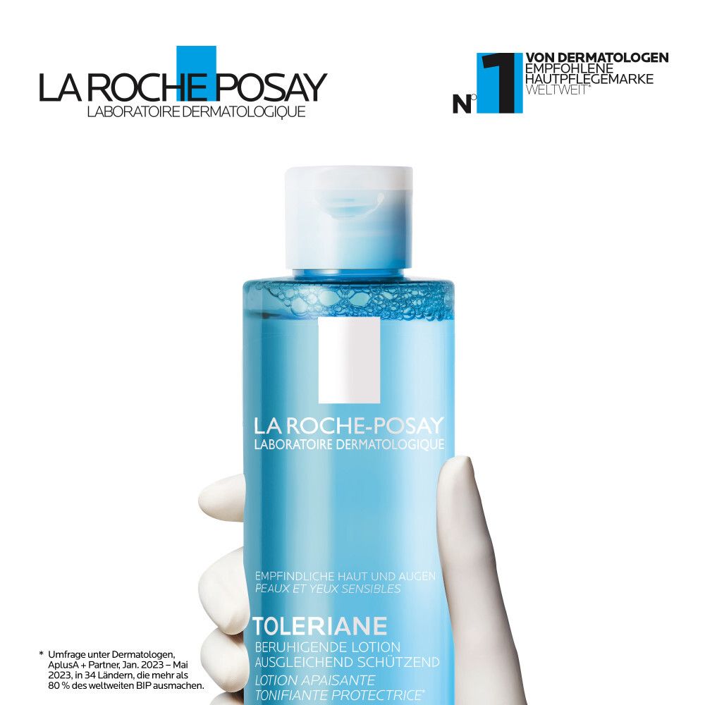 La Roche-Posay Toleriane kalmerende lotion. Fles in hand. Tekst: Aanbevolen door dermatologen, huidverzorgingsmerk nr. 1.