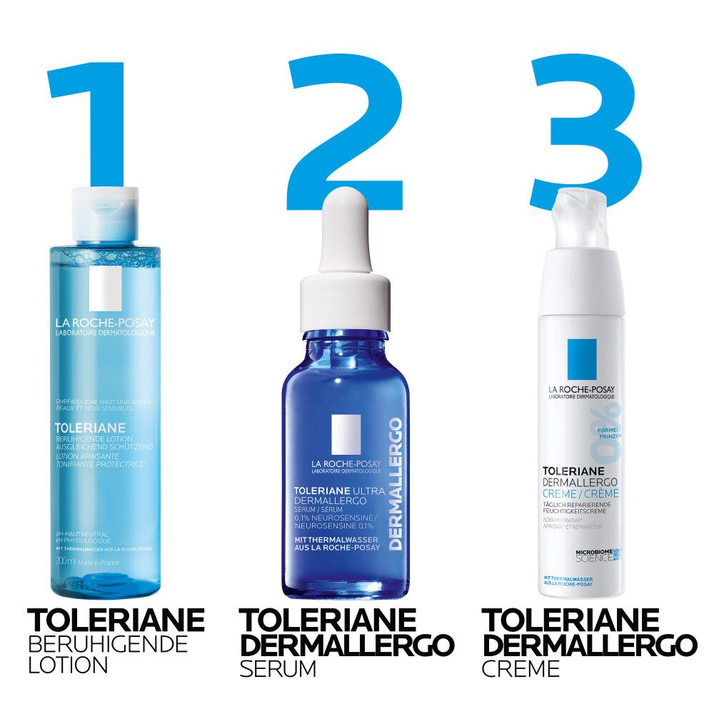 Drie La Roche-Posay producten: Toleriane kalmerende lotion, Toleriane Dermallergo Serum, Toleriane Dermallergo Crème.