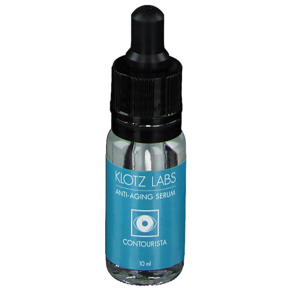 Klotz Labs Contourista anti-aging serum. Klein glazen flesje met zwarte dop en pipet. Blauw etiket met logo en tekst.