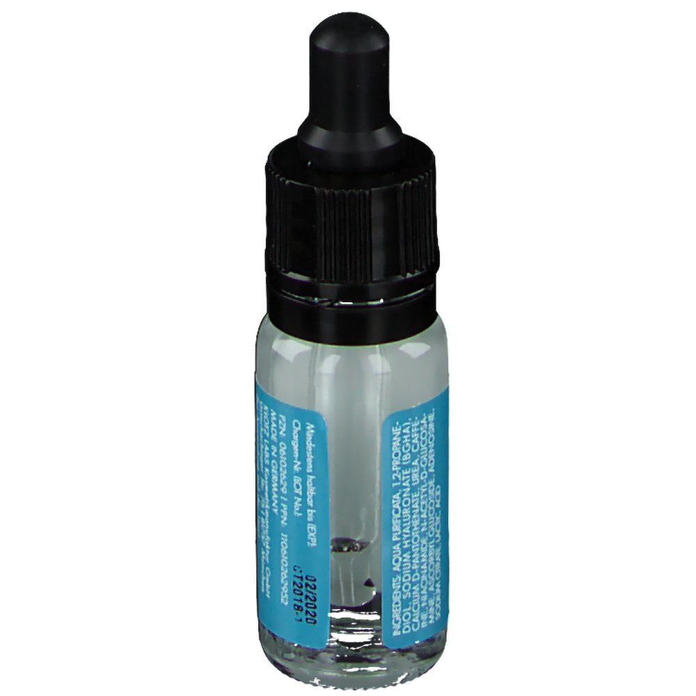 Klotz Labs Contourista serum. Klein glazen flesje met zwarte dop en pipet. Blauw etiket met ingrediënten en tekst.
