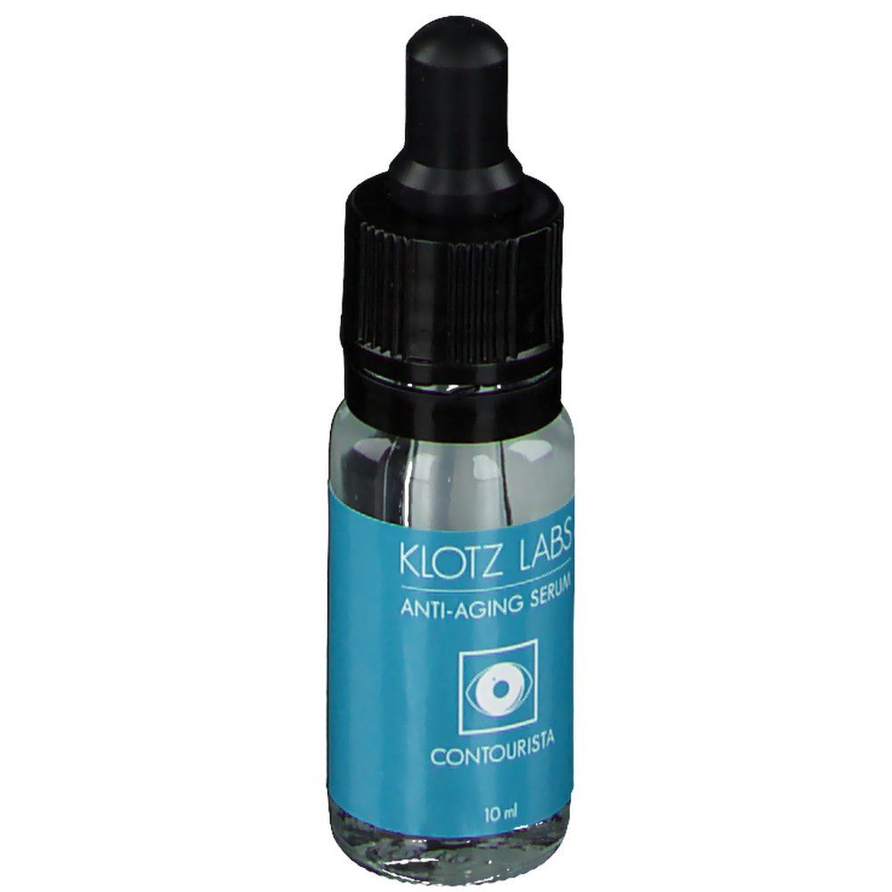 Klotz Labs Contourista anti-aging serum. Klein glazen flesje met zwarte dop en pipet. Blauw etiket met logo en tekst.