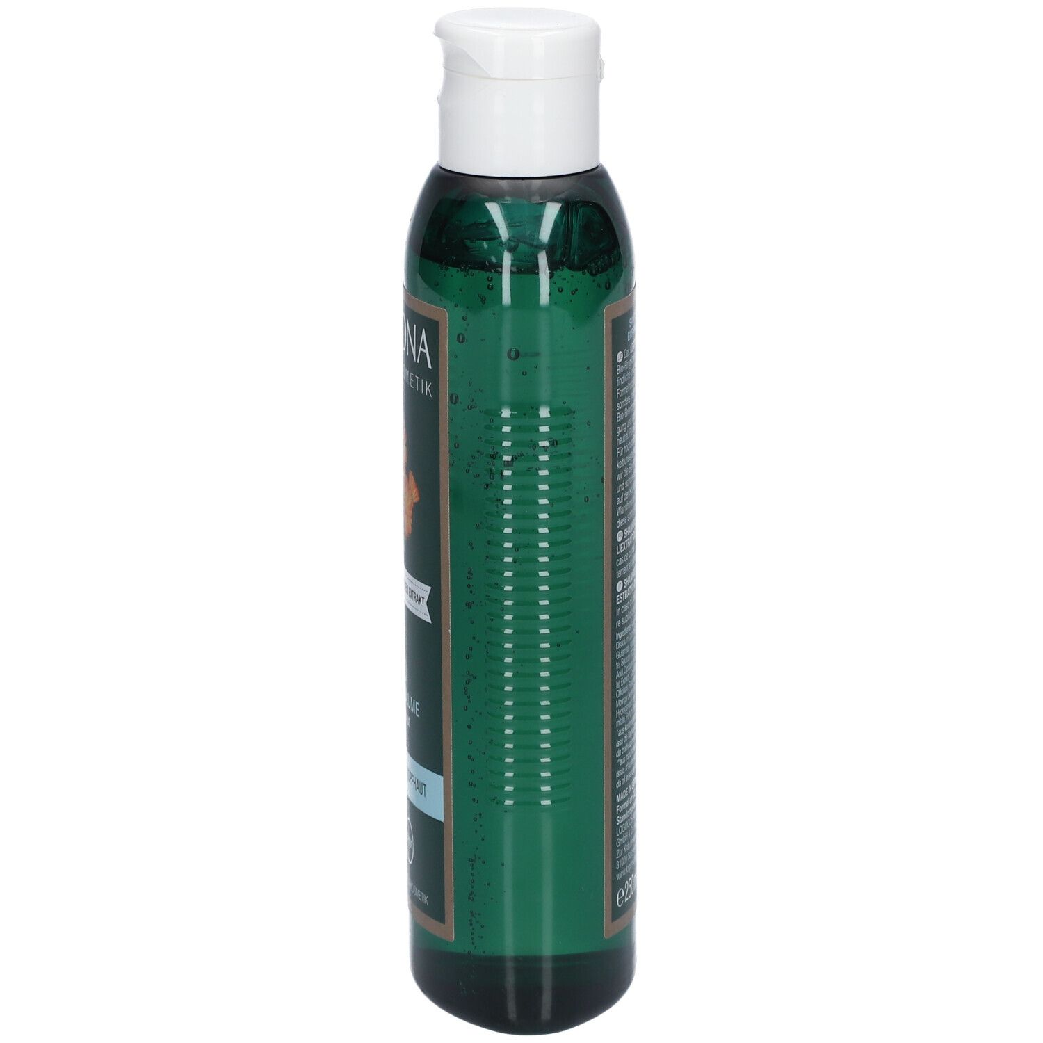 Groene shampoo fles, zijaanzicht. Witte dop, etiket met tekst. Vegan-zegel.