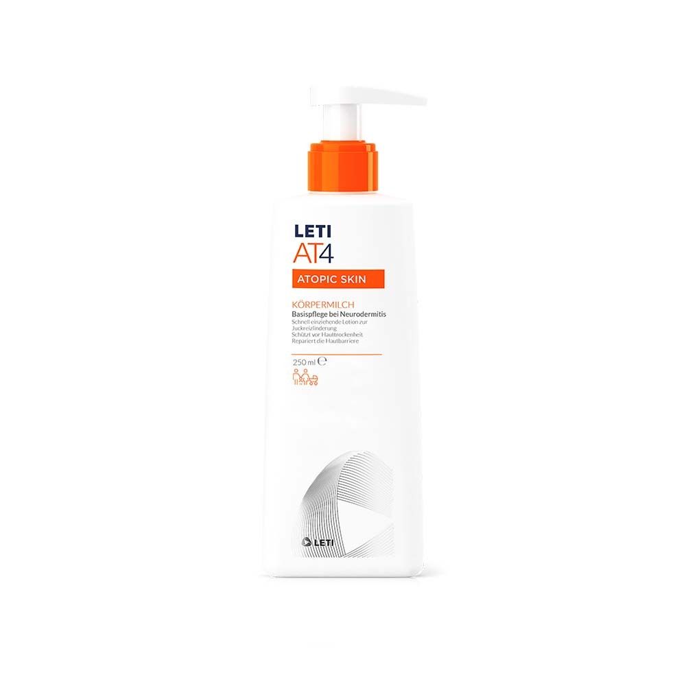 Flacon blanc avec pompe. Impression orange : LETI AT4, ATOPIC SKIN, Körpermilch. En bas : logo et motif ondulé.