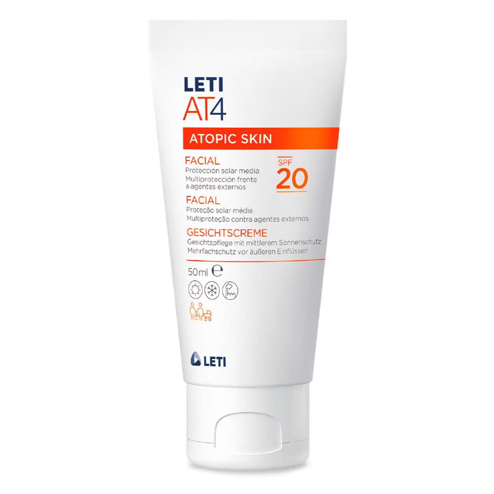 Tube blanche LETI AT4 Gesichtscreme SPF 20. Détails orange. Texte: ATOPIC SKIN, FACIAL, GESICHTSCREME.