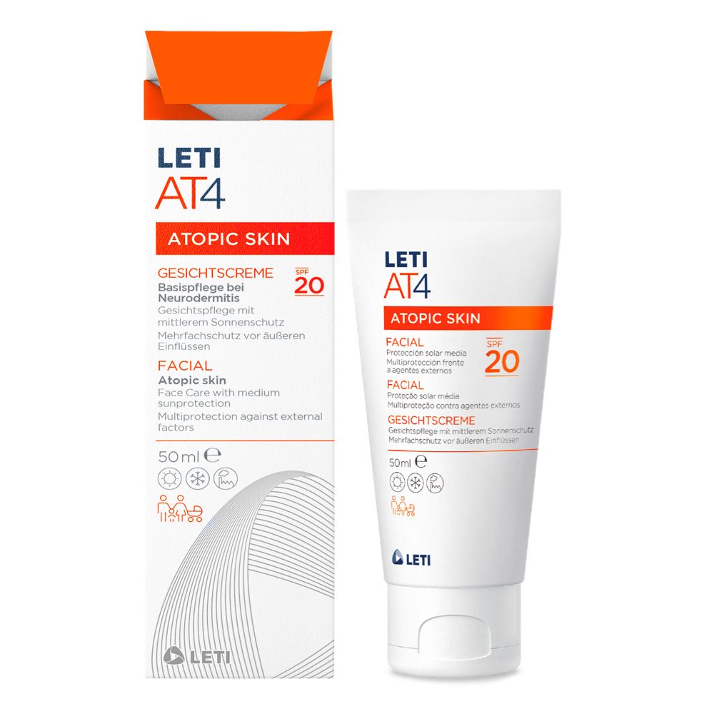 Emballage produit: tube et boîte LETI AT4 Gesichtscreme SPF 20. Texte: ATOPIC SKIN, GESICHTSCREME, SPF 20, 50ml.