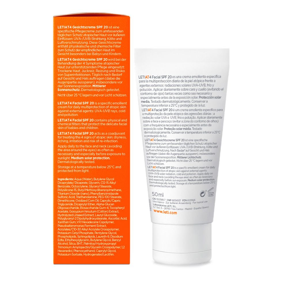 Dos du tube et de la boîte LETI AT4 Gesichtscreme SPF 20. Texte et ingrédients. 50ml.