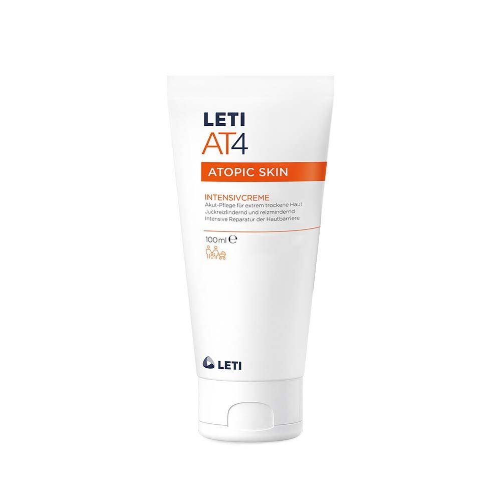 Witte tube met LETI AT4 Intensivcreme. Oranje accenten. 100ml.