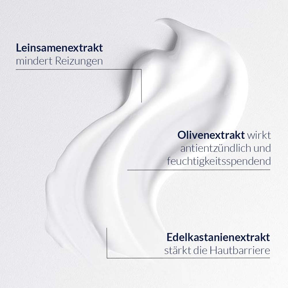 Close-up van crème met tekst: lijnzaadextract, olijfextract, kastanje-extract.