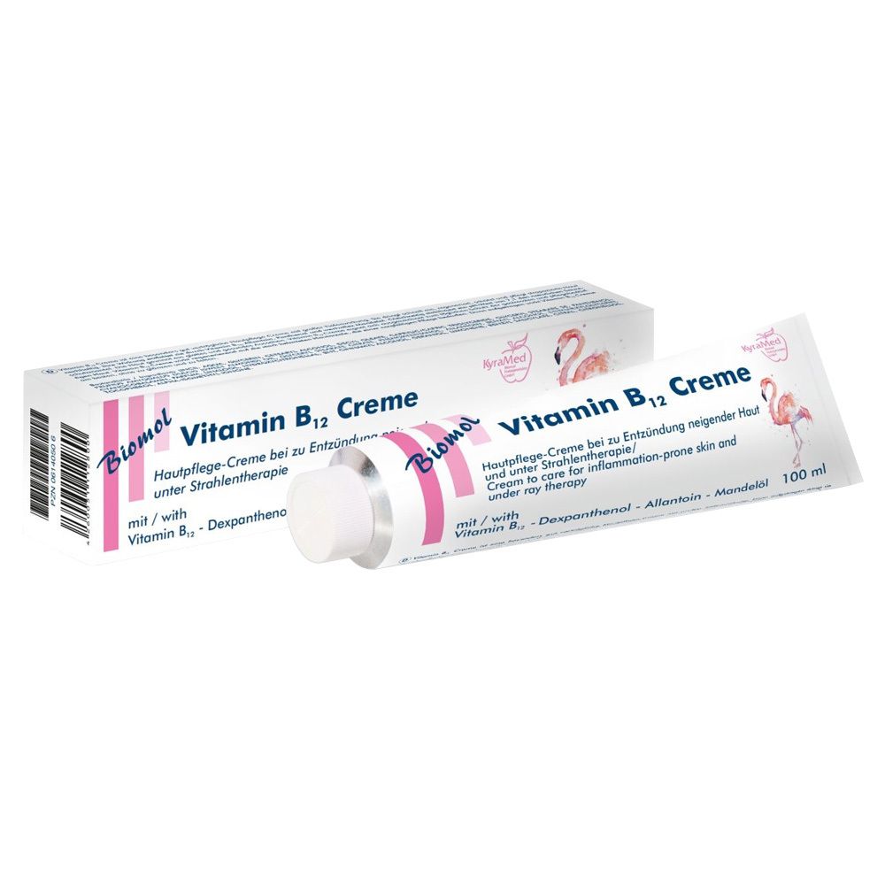 Crèmetube en doos. Opschrift: Vitamine B12 Crème. Flamingo logo. 100 ml.