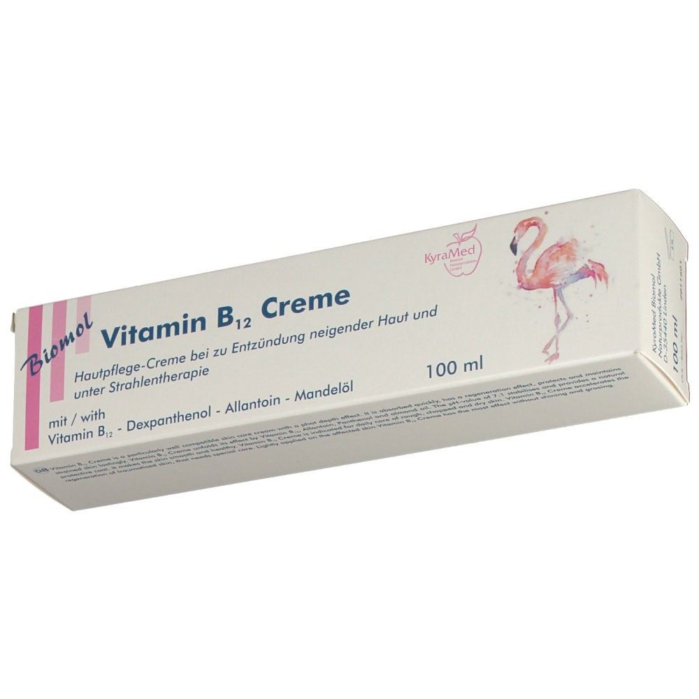 Doos met vitamine B12 crème. Flamingo logo. 100 ml. Tekst: Huidverzorgingscrème.