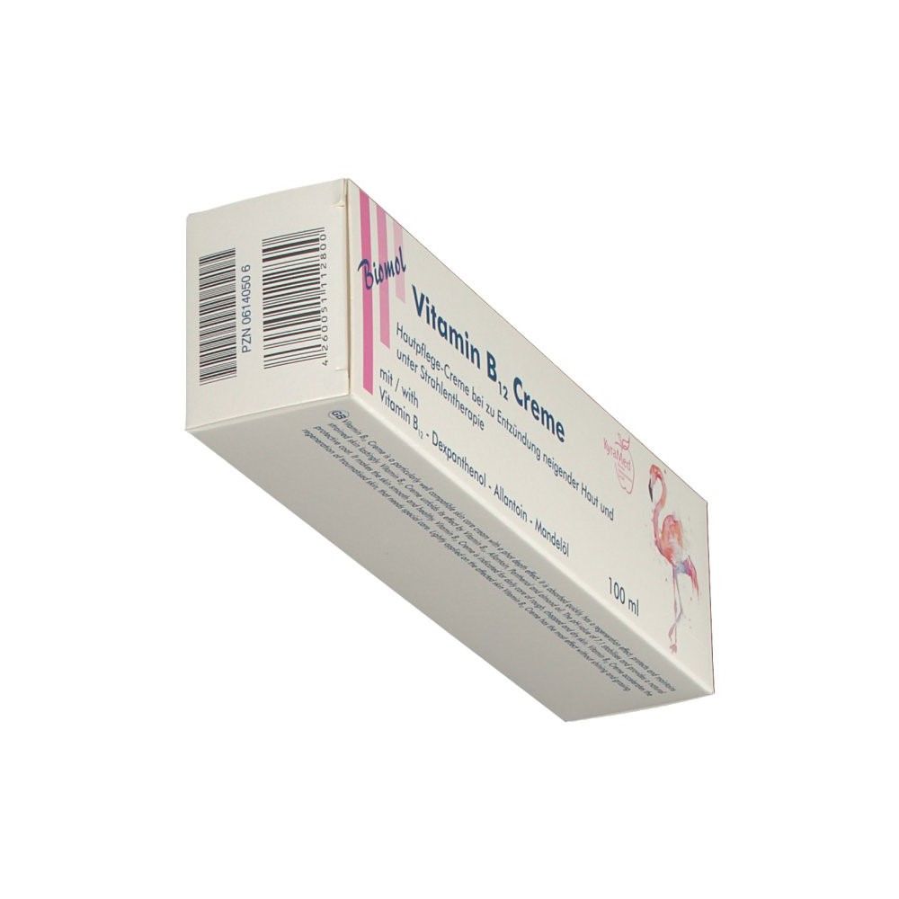 Doos met vitamine B12 crème. Flamingo logo. 100 ml. Tekst: Huidverzorgingscrème.