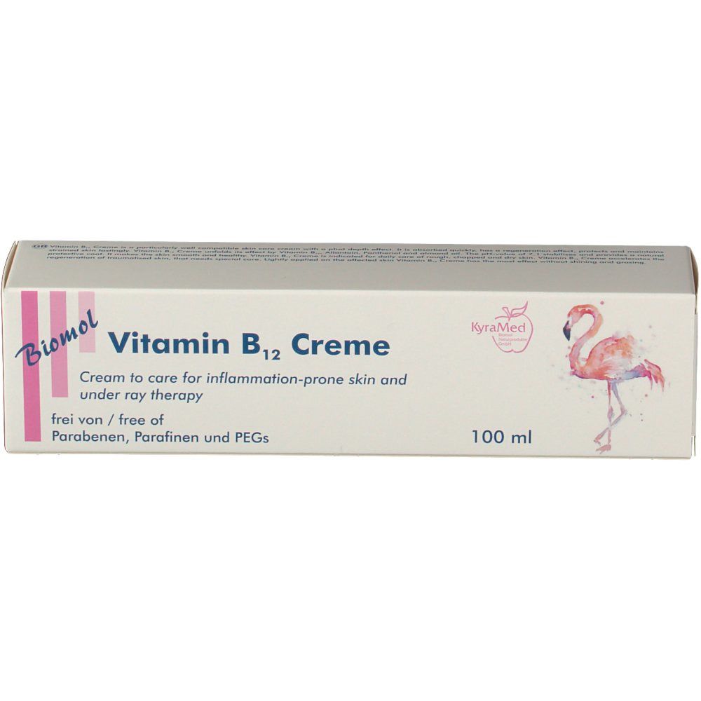 Doos met vitamine B12 crème. Flamingo logo. 100 ml. Tekst: Huidverzorgingscrème.