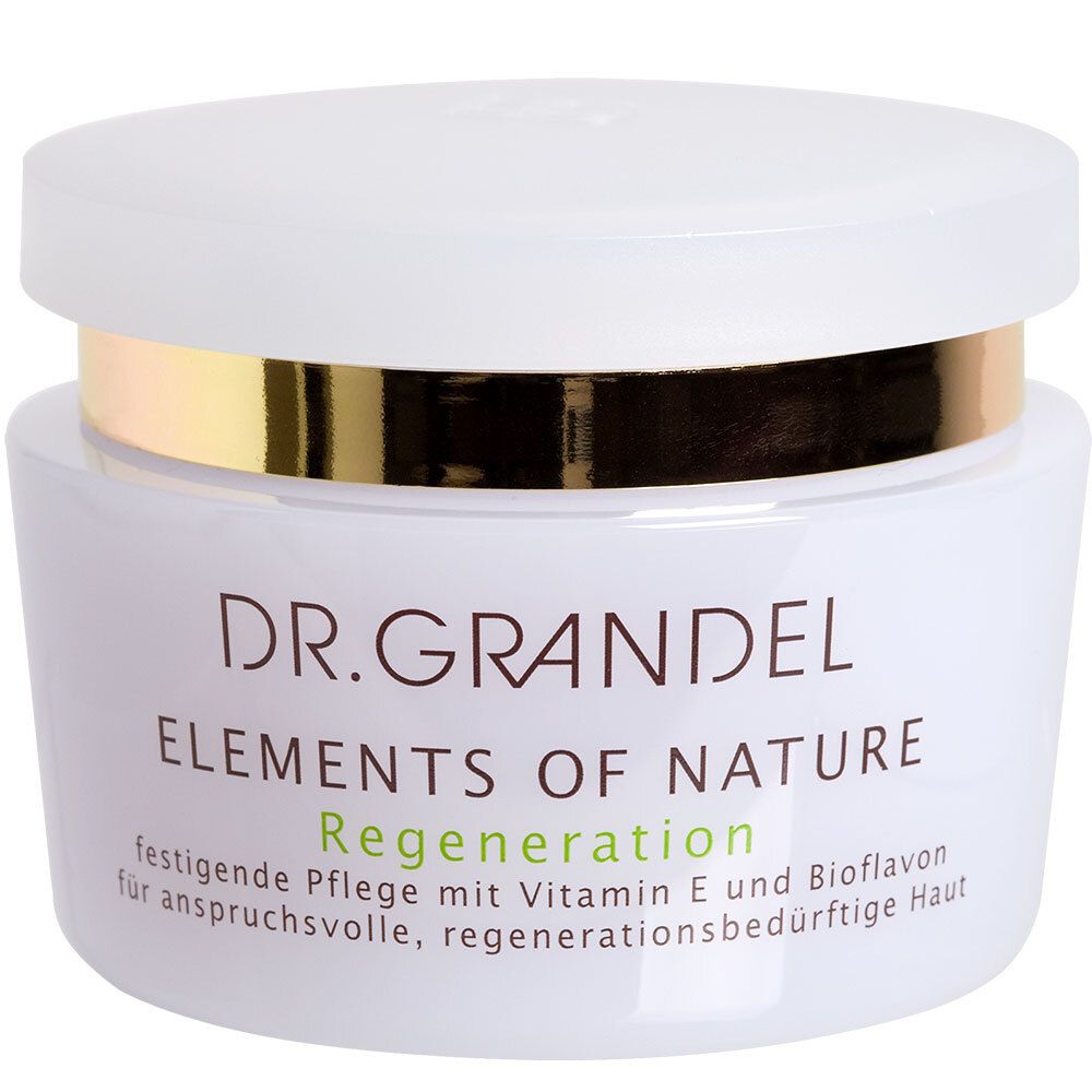 Pot de crème avec couvercle blanc et anneau doré. Inscription: DR. GRANDEL ELEMENTS OF NATURE Regeneration.