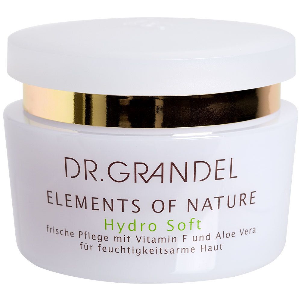 Pot blanc avec couvercle. Anneau doré. Inscription: DR. GRANDEL ELEMENTS OF NATURE Hydro Soft. Texte: frische Pflege...