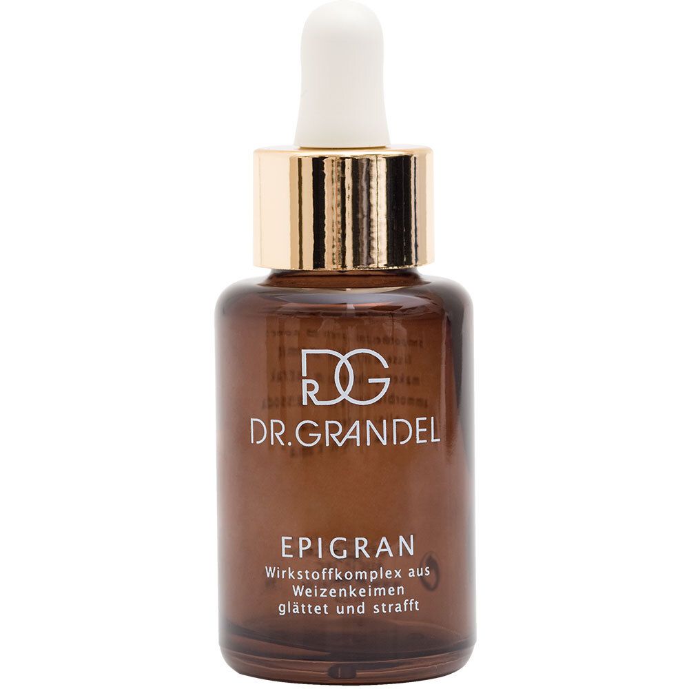 Flacon en verre brun avec pipette. Inscription : DR. GRANDEL, EPIGRAN. Contient un complexe d'ingrédients actifs de germes de blé.