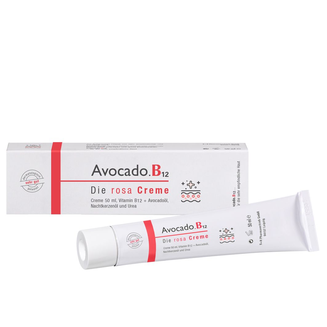 Witte tube en vouwdoos met rode tekst. Opschrift: Avocado.B12 Die rosa Creme. Bevat vitamine B12 en avocado-olie.